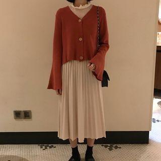 Chiffon Top / Pleated Midi Skirt / Cardigan