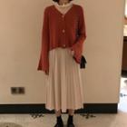 Chiffon Top / Pleated Midi Skirt / Cardigan