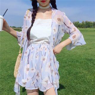 Set: Floral Print Open-front Jacket + Slipdress + Chiffon Skort