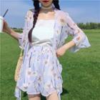 Set: Floral Print Open-front Jacket + Slipdress + Chiffon Skort