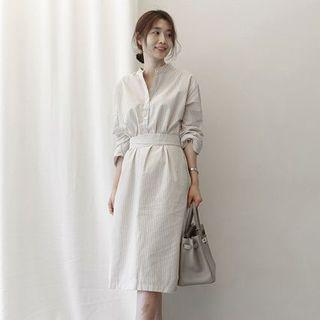 Long Sleeve Mandarin Collar Striped Slit Side Shirtdress