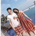 Couple Matching Striped Sleeveless Dress / Short Sleeve T-shirt / Striped Shorts