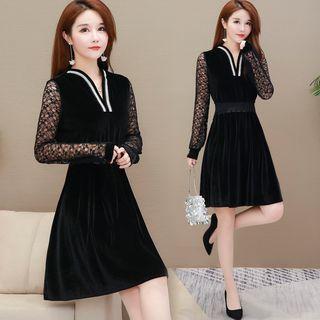 Long-sleeve Lace-panel Mini A-line Velvet Dress