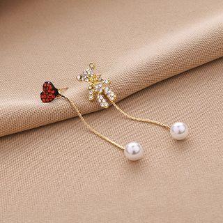 Asymmetrical Rhinestone Bear Heart Drop Earring 1 Pair - Gold & Red - One Size
