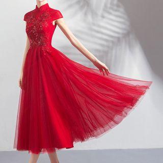 Mandarin Collar Cap-sleeve Midi Cocktail Dress