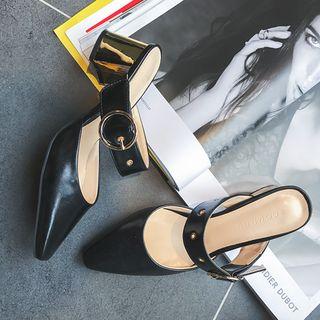 Pointy-toe Buckled Metallic-heel Mules