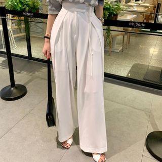 Tie-waist Wide Leg Pants White - One Size