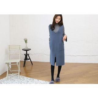 Deep V-neck Sleeveless Wool Blend Knit Dress