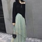 Long-sleeve Plain T-shirt / Sheer Midi Skirt