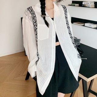 Paisley Print Trim Striped Shirt