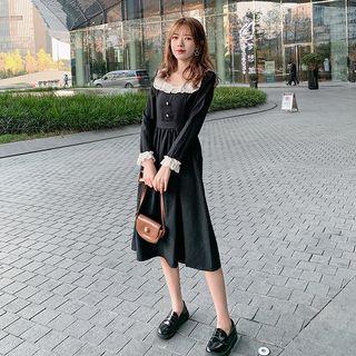 Long-sleeve Lace-trim Gather Waist Dress