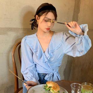 Bell-sleeve V-neck Ruffled Blouse Blue - One Size