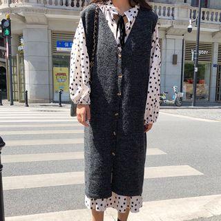 Dotted Long-sleeve Midi A-line Dress / V-neck Long Knit Vest