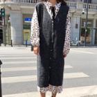 Dotted Long-sleeve Midi A-line Dress / V-neck Long Knit Vest