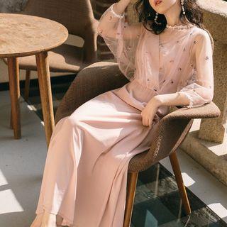 Mock Two-piece 3/4-sleeve Mesh Paneled A-line Maxi Dress