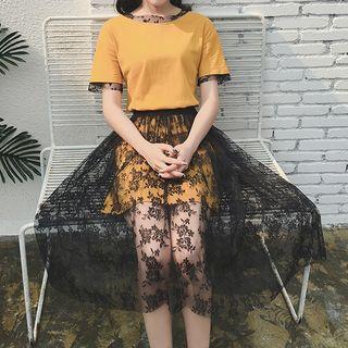 Set: Lace Trim Short Sleeve T-shirt Dress + Lace Midi Skirt