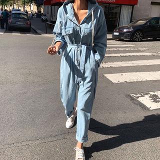 Hooded Buttoned Denim Jumpsuit & Sash Light Blue - One Size