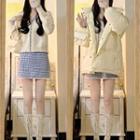 Contrast Trim Cardigan / Plaid A-line Skirt / Padded Jacket