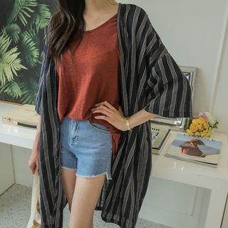 Elbow-sleeve Stripe Long Robe Cardigan