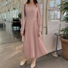 Square-neck Long Pleat Dress Pink - One Size