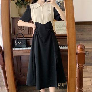 Short-sleeve Two-tone Shirred Midi A-line Dress
