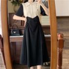 Short-sleeve Two-tone Shirred Midi A-line Dress