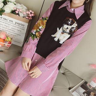 Set: Sequined Striped Shirt Dress + Dog Sequined Vest