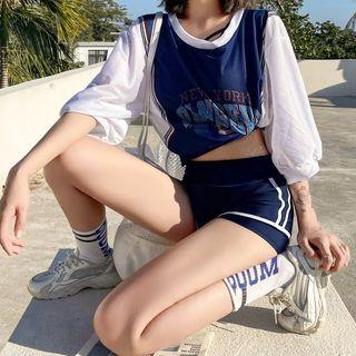 Set: Swim Top + Shorts + Elbow-sleeve Lettering Top