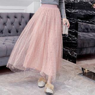 Beaded Mesh Maxi A-line Skirt