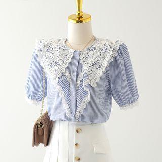 Round-neck Two Tone Striped Lace Blouse