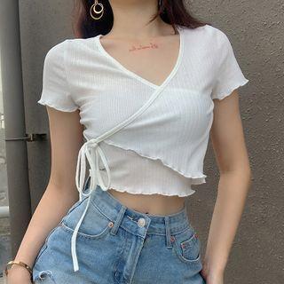Short-sleeve Tie-front Knit Crop Top