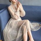 Set: Plain Slipdress + Lace Trim Long-sleeve Midi Dress