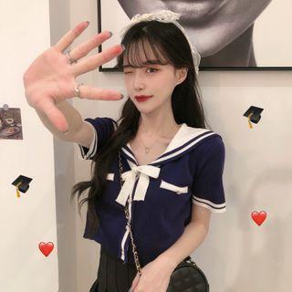 Sailor Collar Short-sleeve Cropped Knit Cardigan Blue - One Size