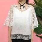 Set: Elbow-sleeve Bell-sleeve Lace Top + Spaghetti Strap Top