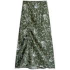 Leaf Print Drawstring Midi A-line Skirt