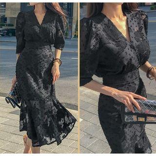 Elbow-sleeve Chiffon Midi Mermaid Dress