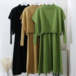 Set : Mock-turtleneck Plain Cropped Knit Top + Long-sleeve Knit Dress