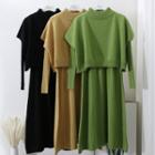 Set : Mock-turtleneck Plain Cropped Knit Top + Long-sleeve Knit Dress