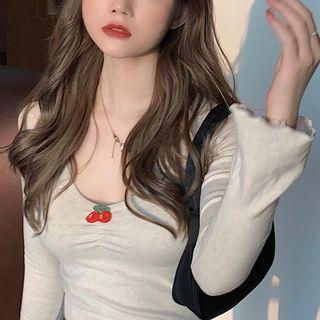 Cherry Accent V-neck Long-sleeve Slim-fit Top Milky White - One Size