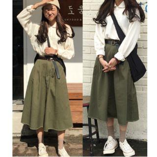 Plain Long-sleeve Blouse / Midi Skirt