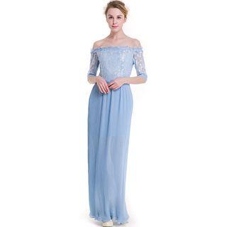 Off-shoulder Elbow-sleeve Lace Dress
