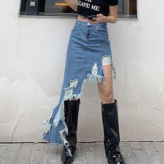 Distressed Asymmetrical High-waist Skirt