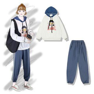 Set : Printed Long-sleeve Sweatshirt + Striped Pants