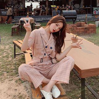 Set: Plaid Double-breasted Blouse + Cropped Straight-fit Pants