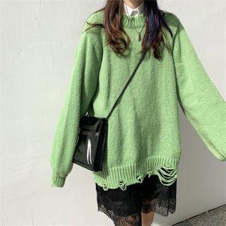 Long-sleeve Distressed Plain Knit Top