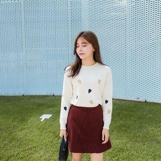 Rolled-neck Heart-embroidered Sweater