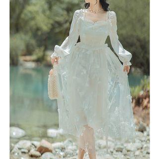 Set: Puff-sleeve Floral Embroidered A-line Mesh Dress + Slipdress