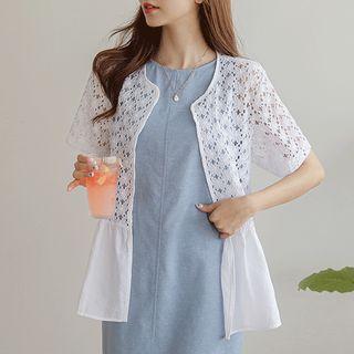 Open-front Linen-panel Lace Cardigan
