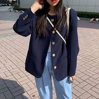 Round-neck Padded-shoulder Jacket Navy Blue - One Size