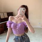 Puff-sleeve Off-shoulder Plaid Cropped Top Rose Pink - One Size